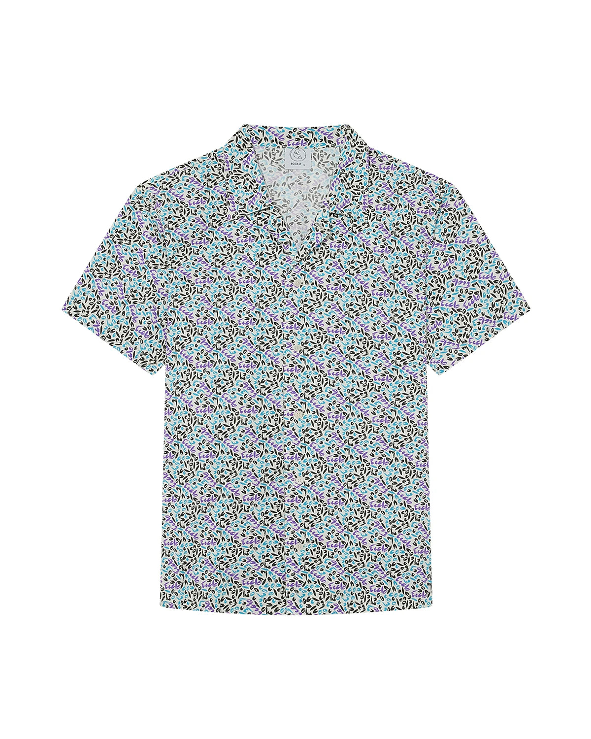 Chemise manches courtes motif 3 couleurs, coton bio upcyclé, vue de face à plat, made in France
