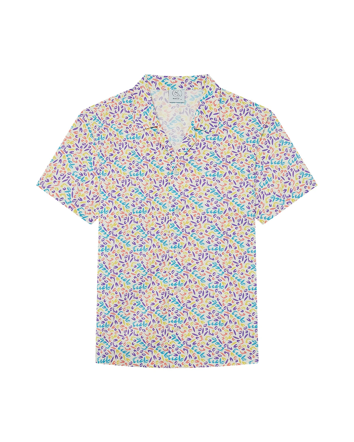 Chemise manches courtes motif 4 couleurs, coton bio upcyclé, vue de face à plat, made in France