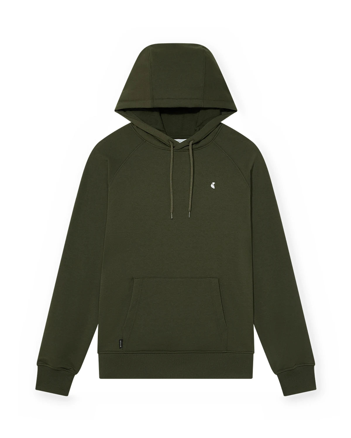 Hoodie vert kaki Jungle Green en molleton recyclé, vue de face à plat, logo brodé blanc, made in France