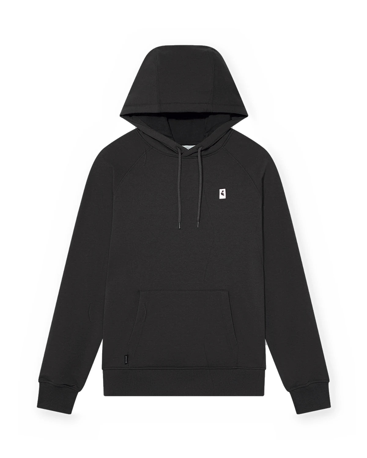 Hoodie noir en molleton recyclé, vue de face à plat, étiquette logo blanche sur la poitrine, made in France