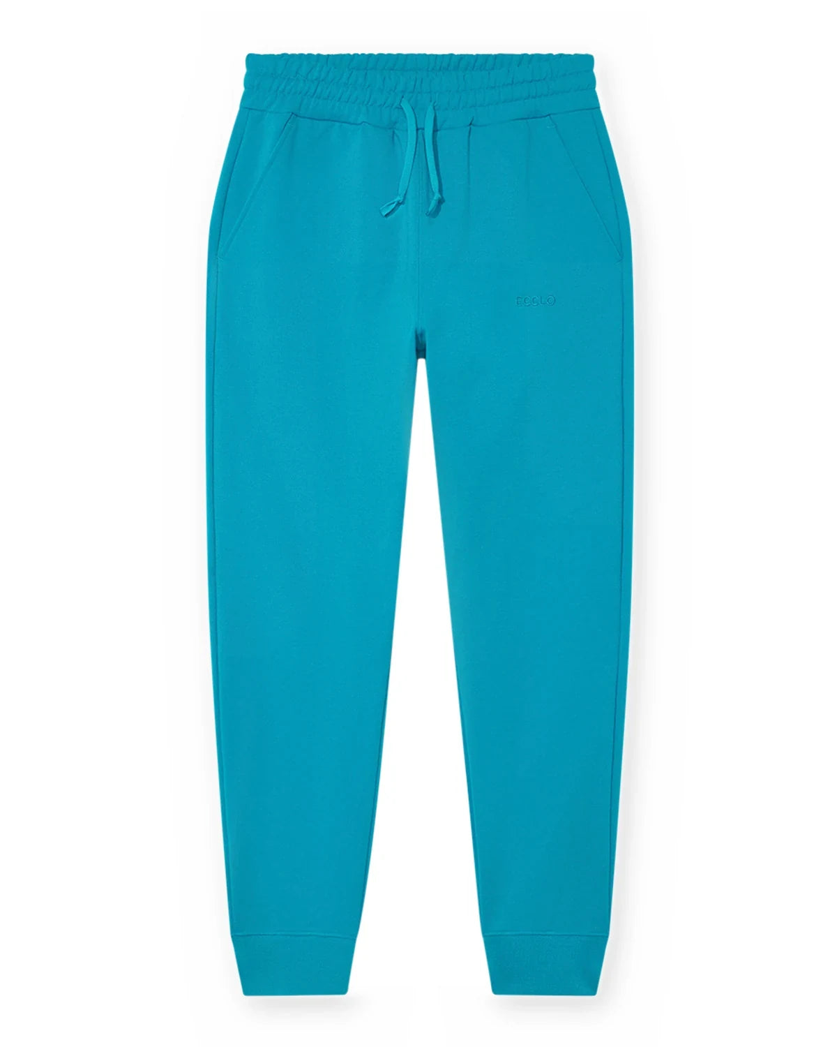 Jogging turquoise en molleton recyclé, vue de face à plat, made in France