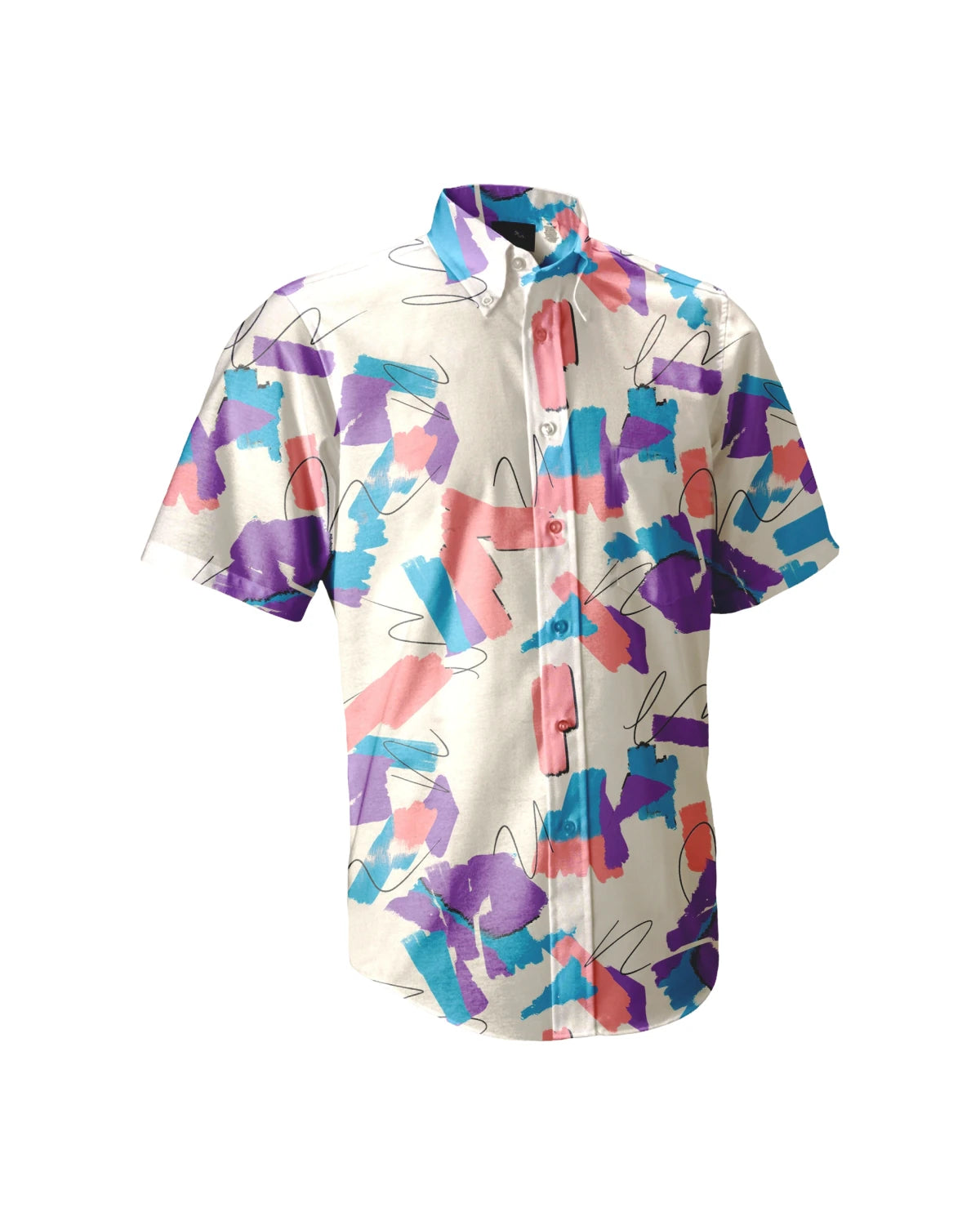 Chemise manches courtes motif rétro 90 en coton bio upcyclé, vue de face, made in France