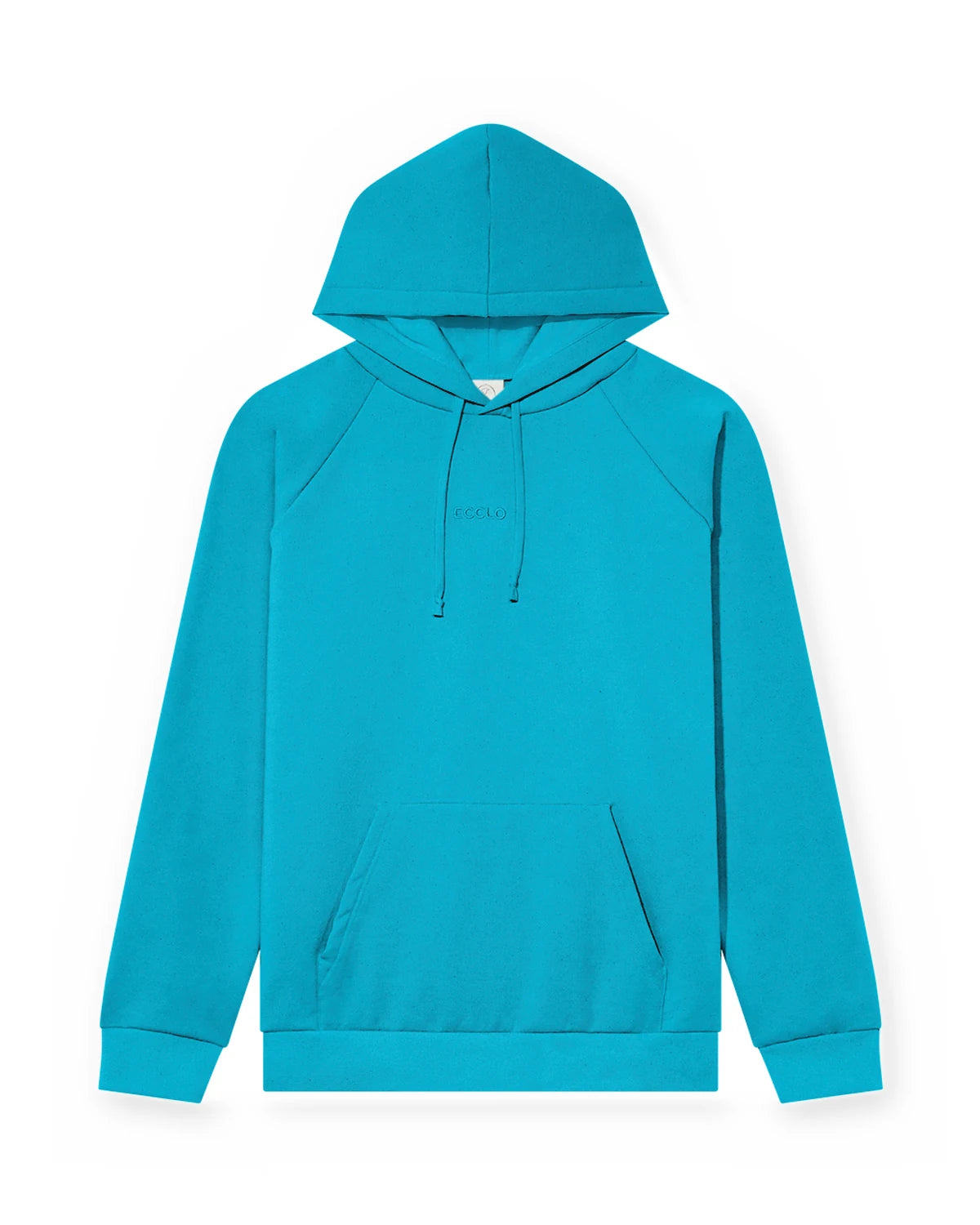 Hoodie turquoise en molleton recyclé, vue de face à plat, made in France