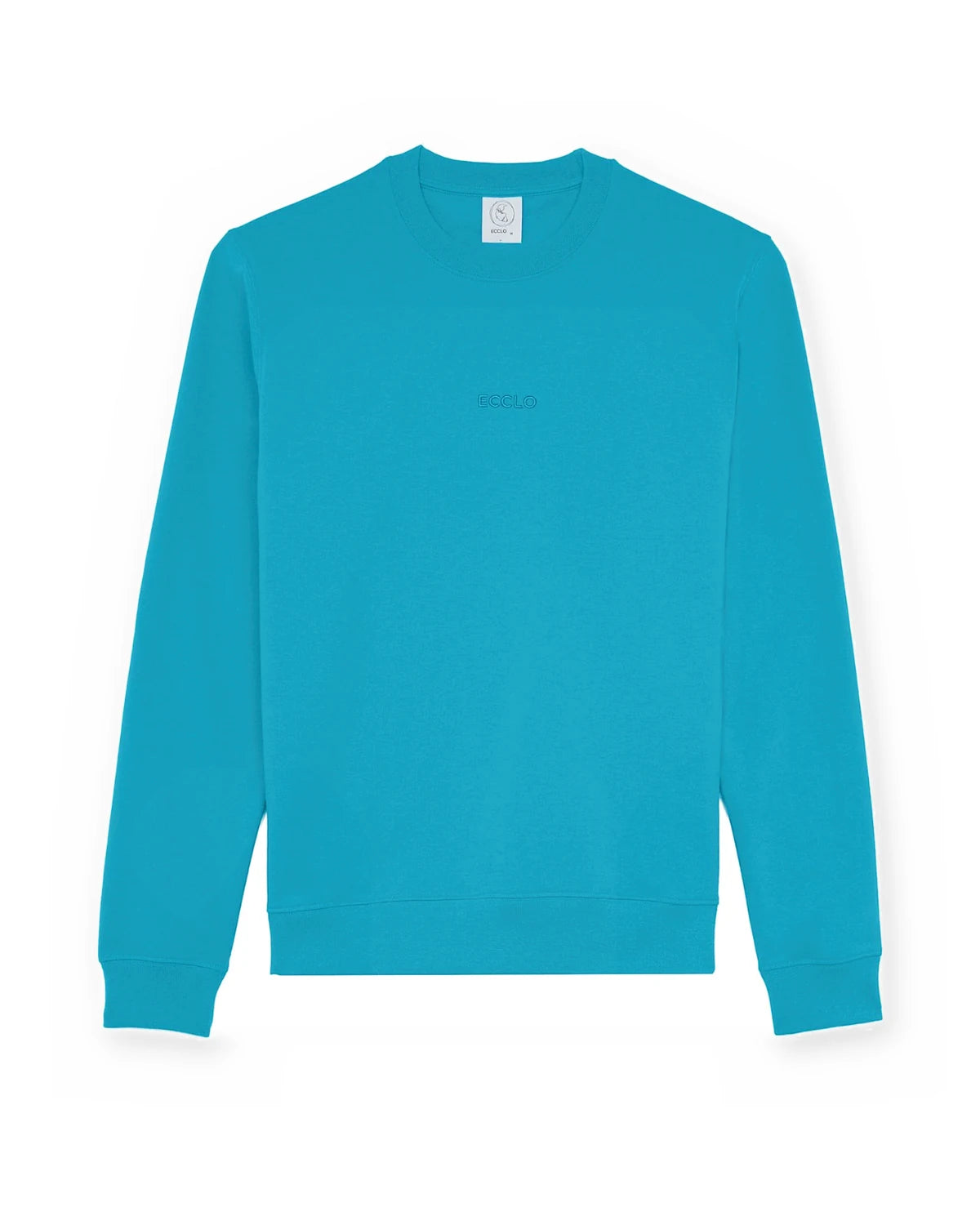 Sweat col rond turquoise en molleton recyclé, vue de face à plat, made in France