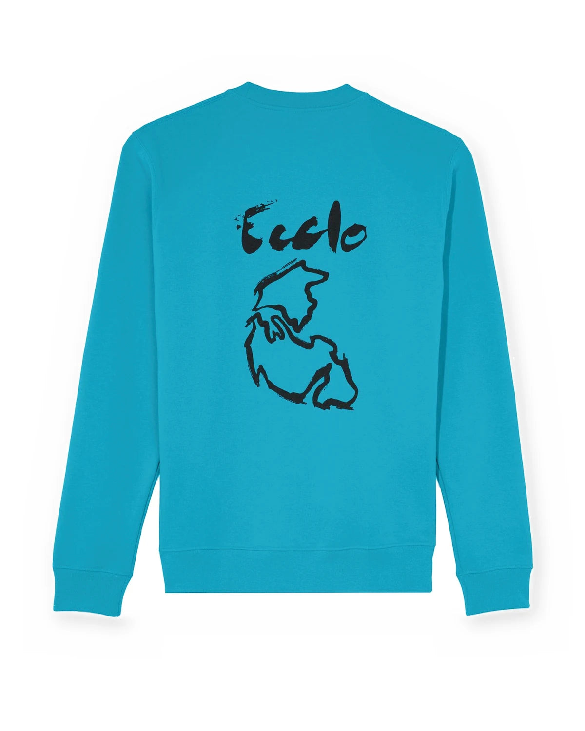 Sweat col rond turquoise Pangée en molleton recyclé, vue de dos à plat avec l’impression Pangée, made in France